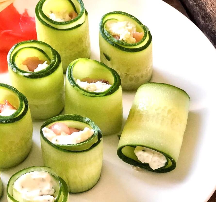 Healthy Appetizer - Cucumber Rolls with Curd Cheese and Salmon