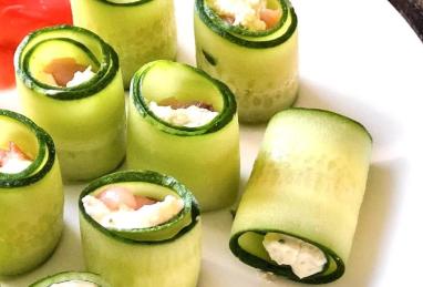 Healthy Appetizer - Cucumber Rolls with Curd Cheese and Salmon Photo 1