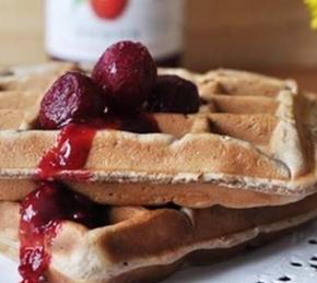 Waffles with Cocoa Powder and Cherry Jam Photo