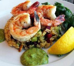 Curry-Mustard Rice Salad with Shrimps and Avocado Sauce Photo