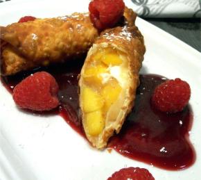 Quick and Easy Peach Pie Egg Rolls with Raspberry Sauce Photo