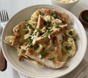 Tortellini Alfredo with Grilled Chicken Breasts Photo