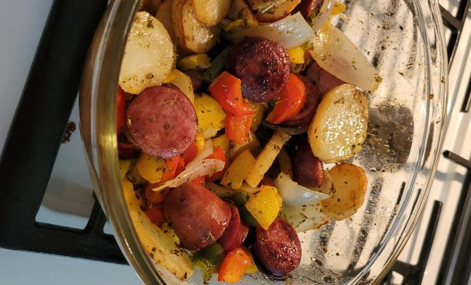 Sausage, Peppers, Onions, and Potato Bake Photo 1
